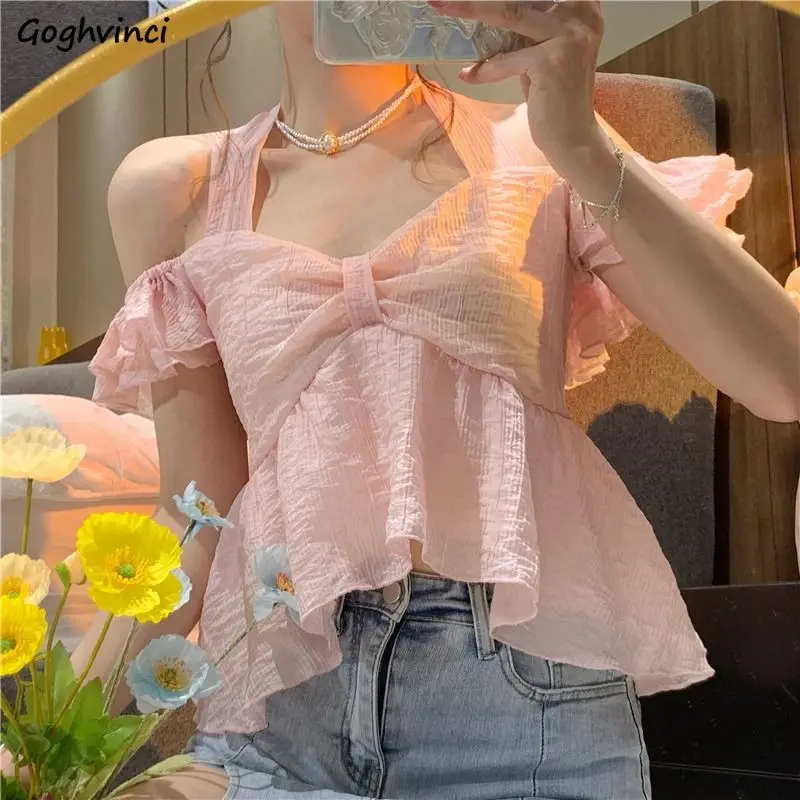 

Cropped Shirts Women Summer Sweet Backless Trendy Solid Tender Slash Neck Sexy French Style Leisure All-match Classic Cute Chic