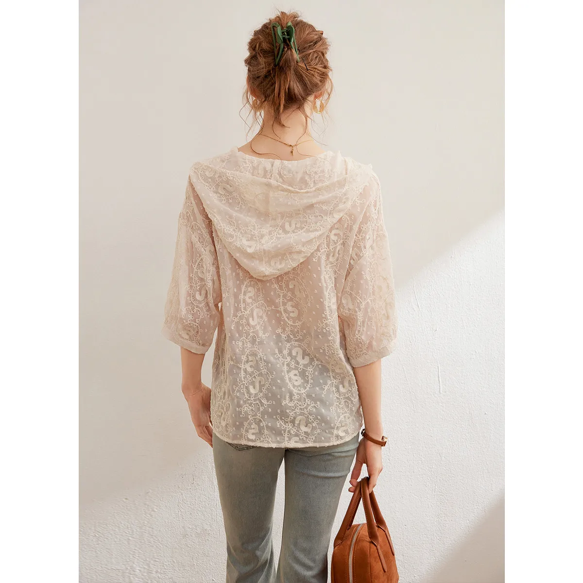 LOUIS YAO Women Hooded Pullover Shirt 2024 Summer Fashion Blouses Loose Embroidery Beading Butterfly Women's Top