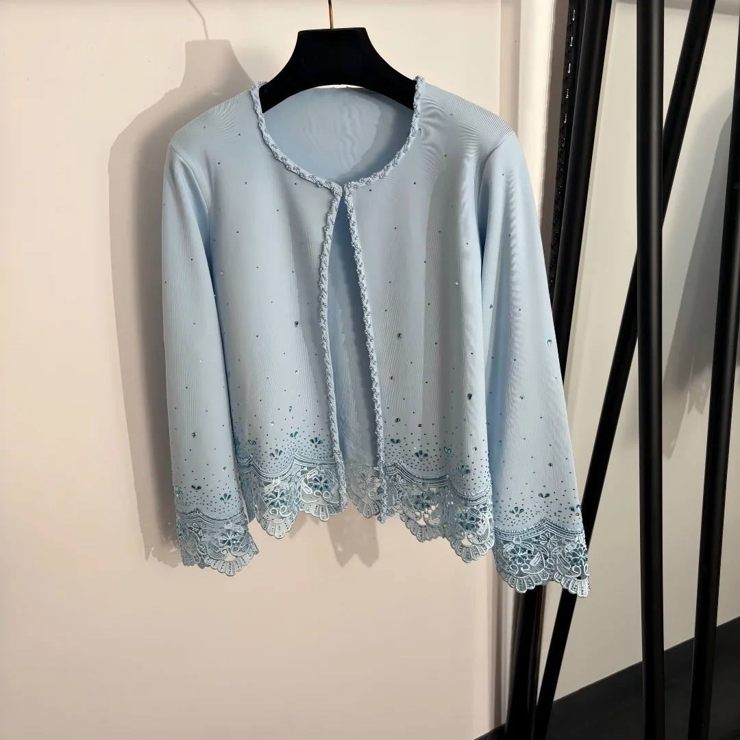 

New Arrival 100% Pure Wool Knit Cardigan Women Long Sleeve Lace Trim Rhinestone Open Front Cropped Jacket Black Blue