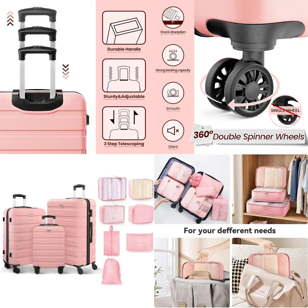 طقم حقائب صلبة مكون من 10 قطع مع 4 عجلات دوارة، قفل TSA، 20-28 بوصة، 7 أكياس تخزين، وردي #1