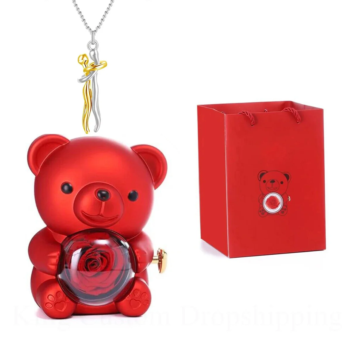 Rotating Rose Bear Jewelry Box Hug Necklace No Fading Couples Hug Of  Adjustable Pendant Necklace Jewelry Valentine Day Gift
