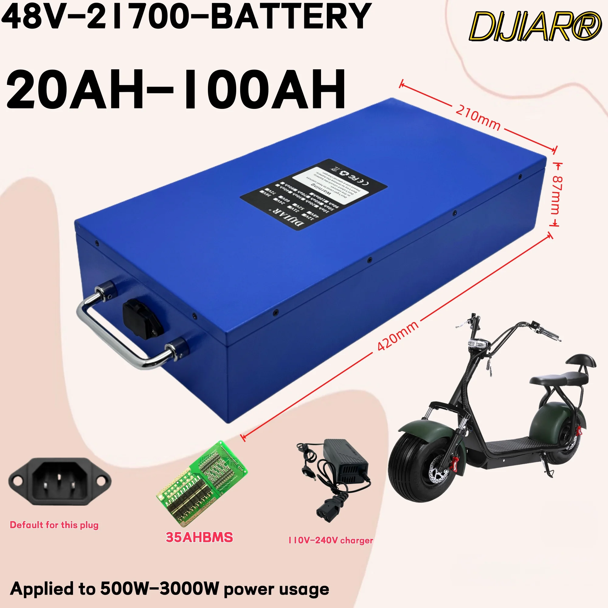 

DIJIAR, 48V 20AH-100AHh electric bicycle lithium battery pack, lithium-ion electric vehicle battery for bicycles and scooters