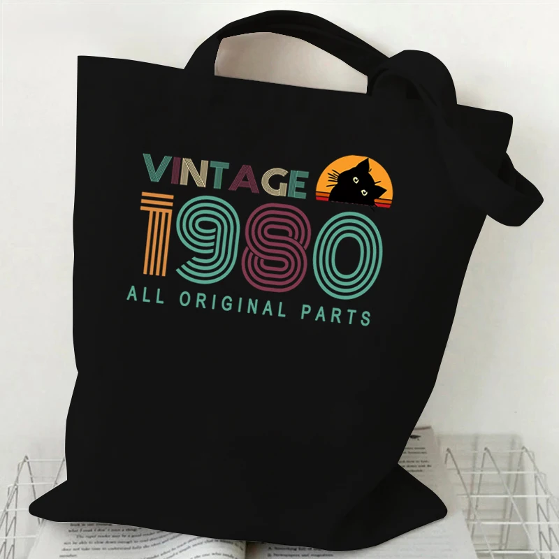 Trendy Women\'s Handbags Vintage 1980 To 1989 Print Canvas Tote Bags Black Cat Vintage 1982 Design Gift Canvas Shopping Bag Women