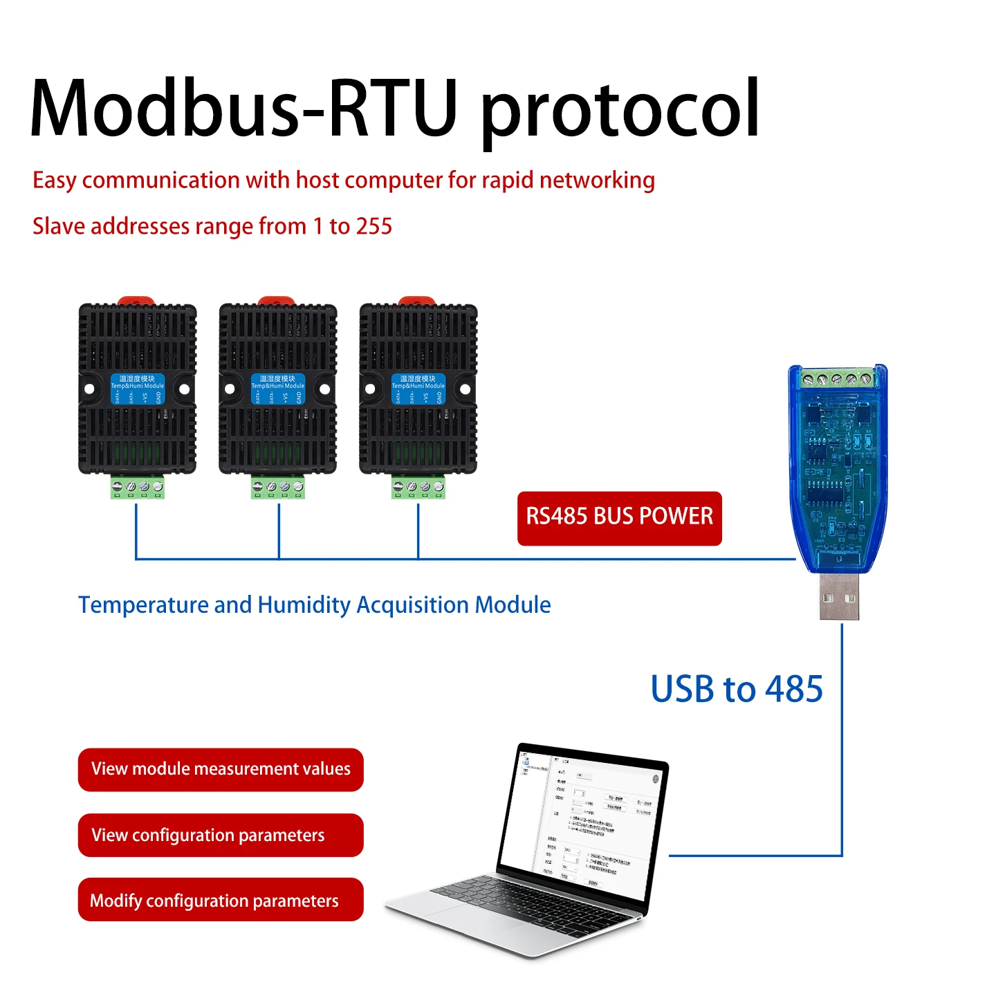 High Precision Temperature Humidity Transmitter RS485 Modbus-RTU DC 5-30V -40~125℃ 0~100%RH for Industrial Automation