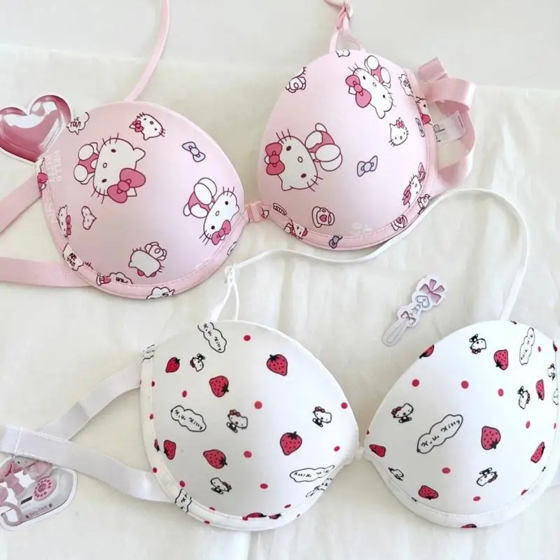 Sanrioed Anime Cartoon Hello Kittys Underwear Ins Soft Steel Ring Non-Slip Strapless Pure Desire Hanging Neck Underwear Gifts