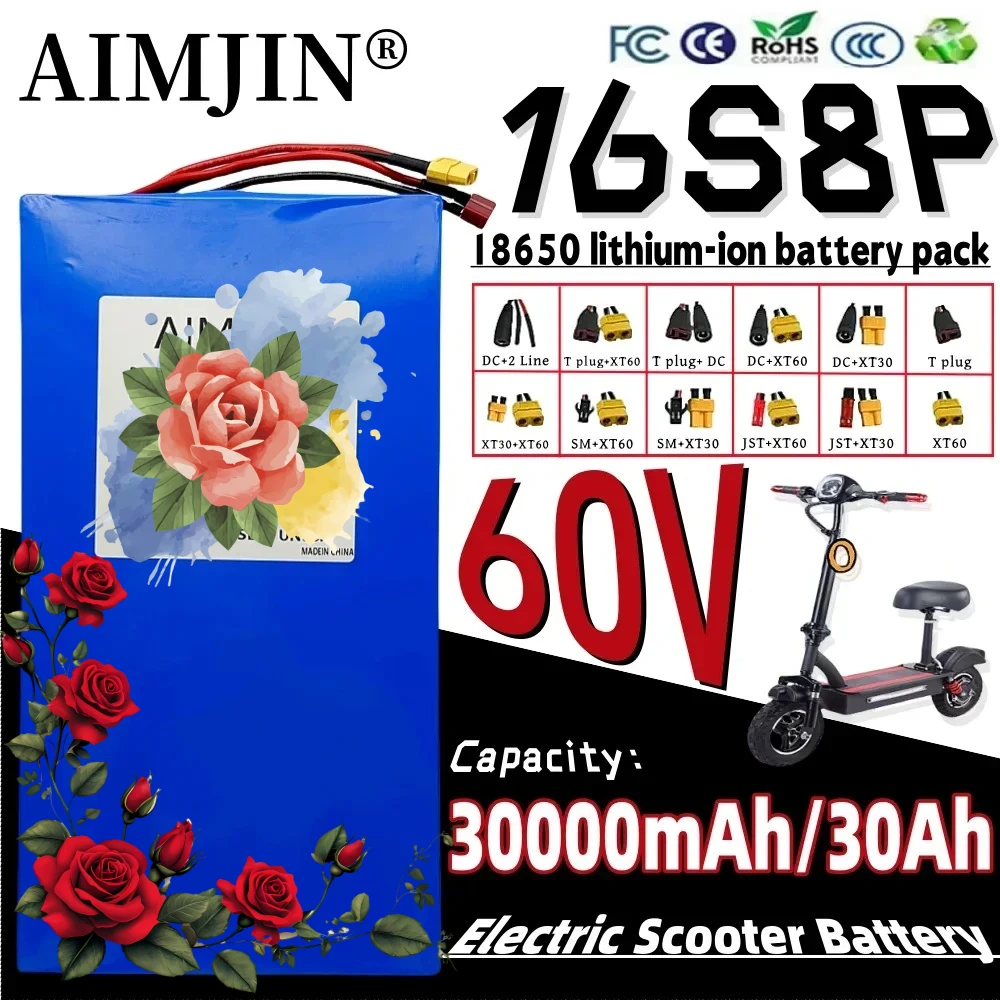 

60V Li-ion 16S8P High-power Battery Pack 30000mAh Rechargeable Battery High-capacity 30Ah With BMS Suitable For Electric Scooter