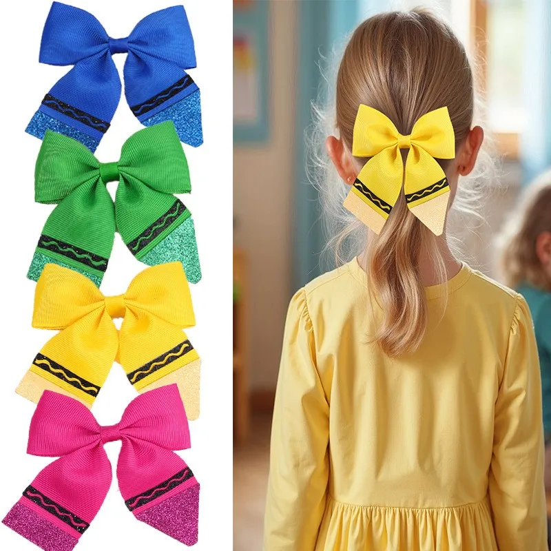 36pcs-kids-hair-clips-crayon-bow-with-long-tassel-pencil-print-girls-barrettes-bow-pattern-hairpins-for-back-to-school-headwear
