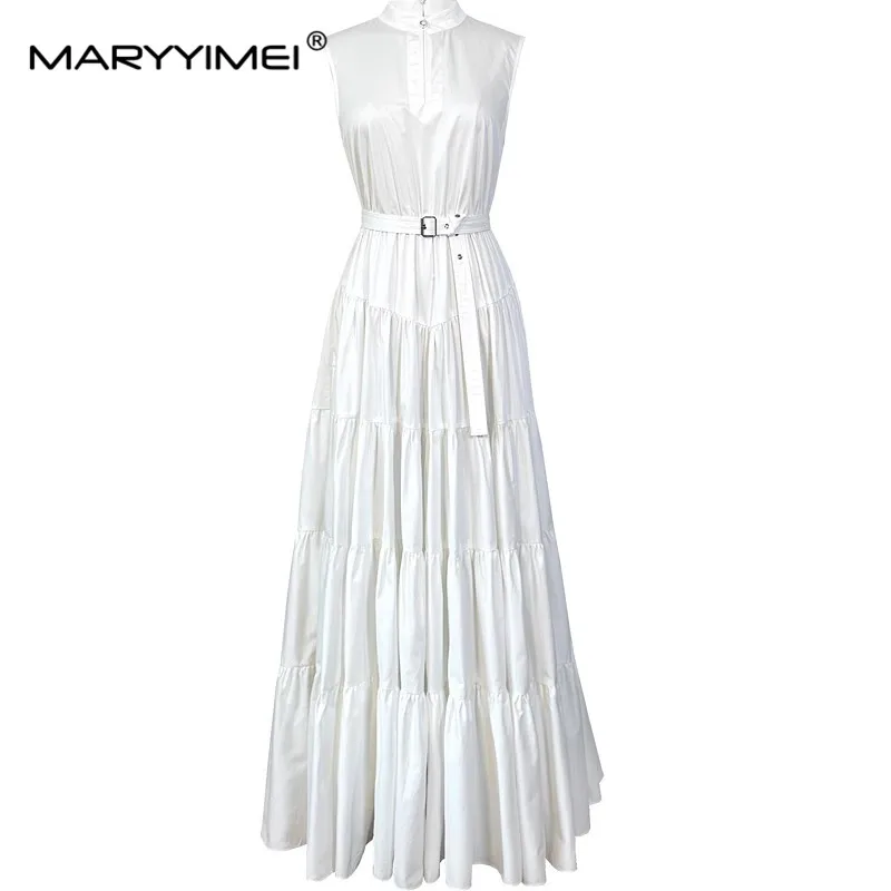 MARYYIMEI White/Black Spring/Summer Pure cotton Fashion dress Stand up collar Sleeveless Lace up Slim Elegant Dresses