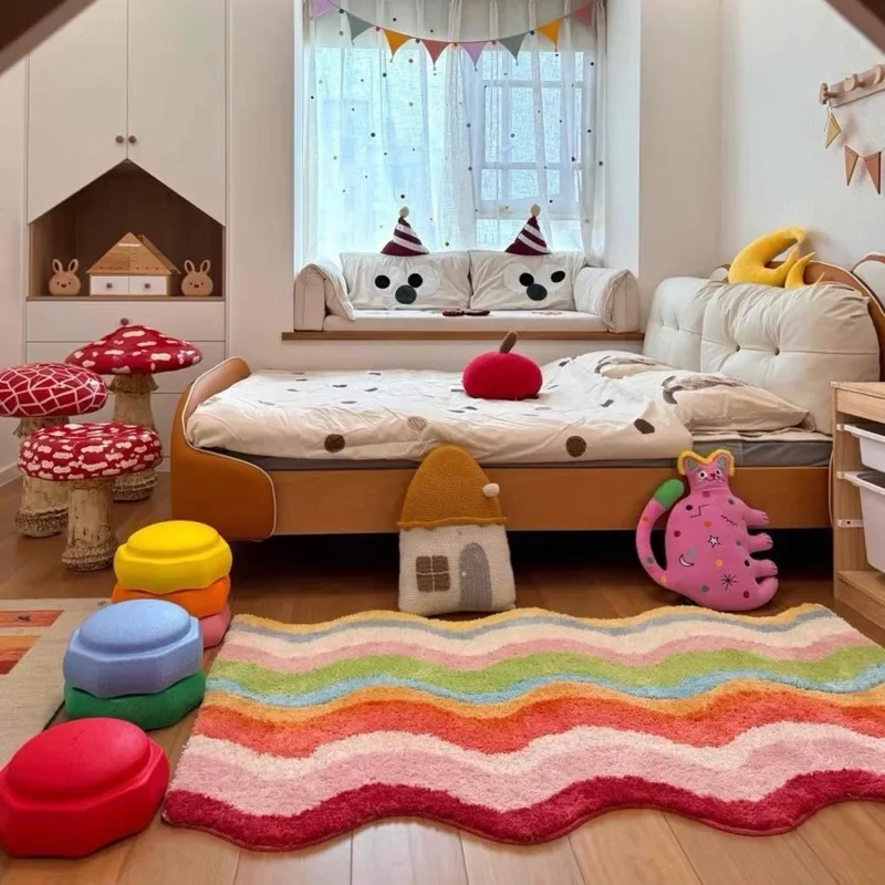Machine Washable Rainbow Rug Irregular Floor Mat Kawaii Bedroom Bedside Carpet Kids Room Decor Cute Long Runner Area Rug