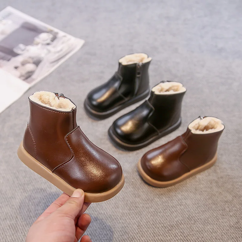 

Сапоги для девочек, новинка зимы 2024, теплые плюшевые модные детские хлопковые сапоги, нескользящая детская обувь с круглым носком, большие размеры 23–35