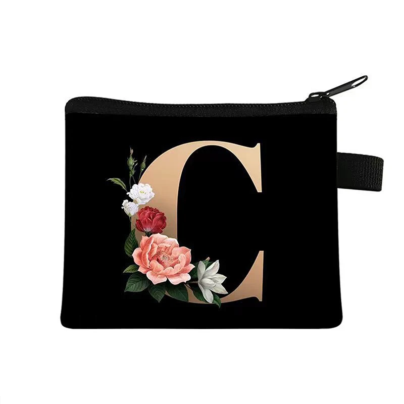 Monedero con 26 iniciales de A-Z para mujer, monedero con letras y flores, llavero con cremallera, bolsa pequeña Kawaii con pintalabios, bolsa bonita para regalo