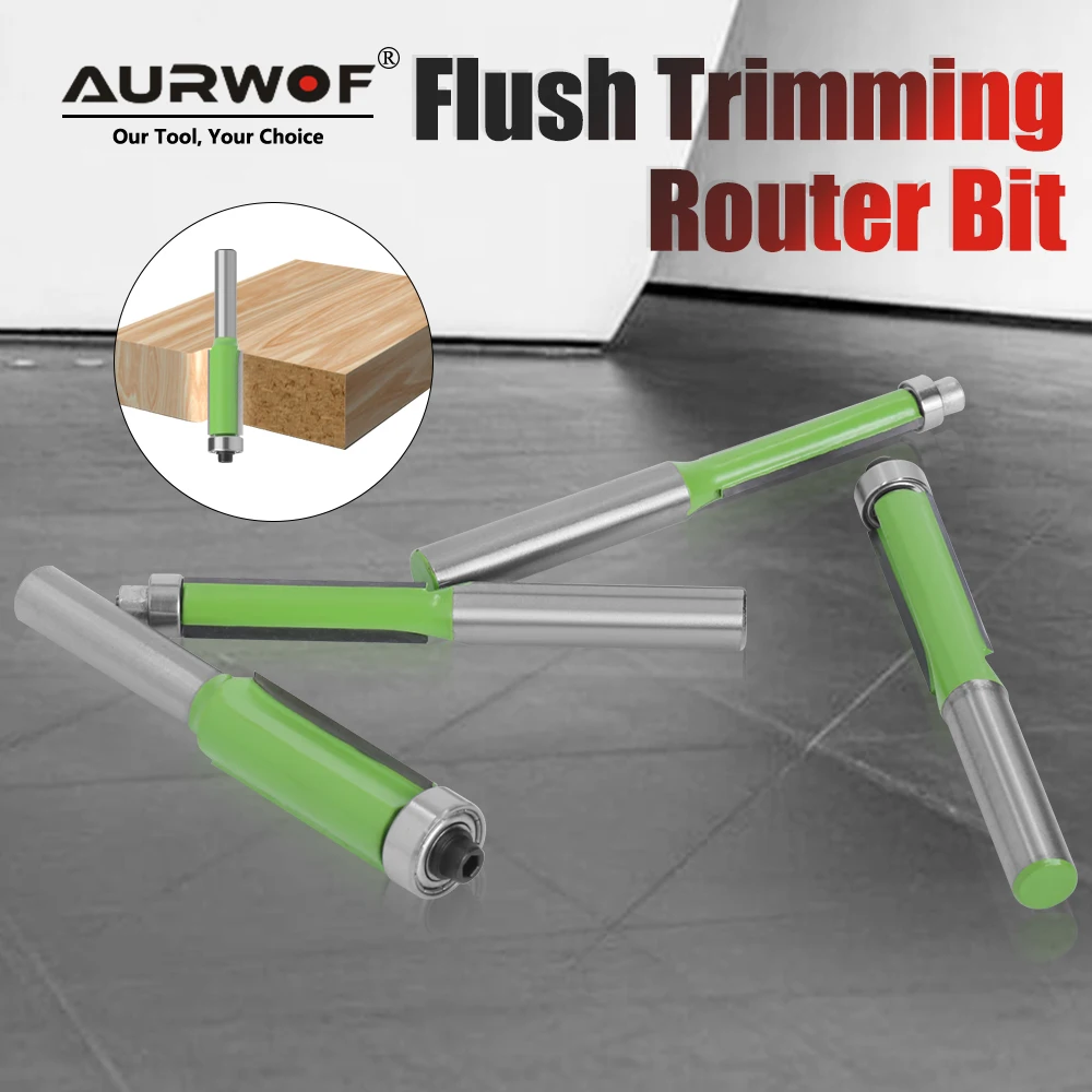 AURWOF 8mm Shank Flush Trim Router Bit Set 4PCS,Carbide Tipped Edge Trimming Cutter With Bearing - 1/4“ 5/16” 3/8“ 1/2” Diameter