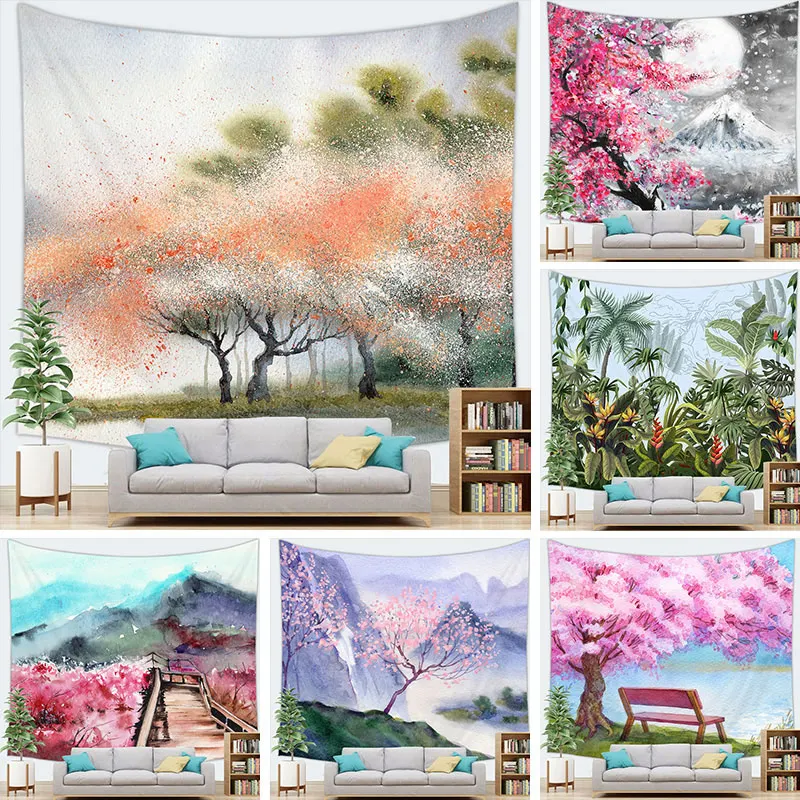 

Beautiful Forest Tree Mountain Tapestry Wall Hanging Landscape Oil Painting Decor Tapestry Home Decoration Tapestry Wall Decor