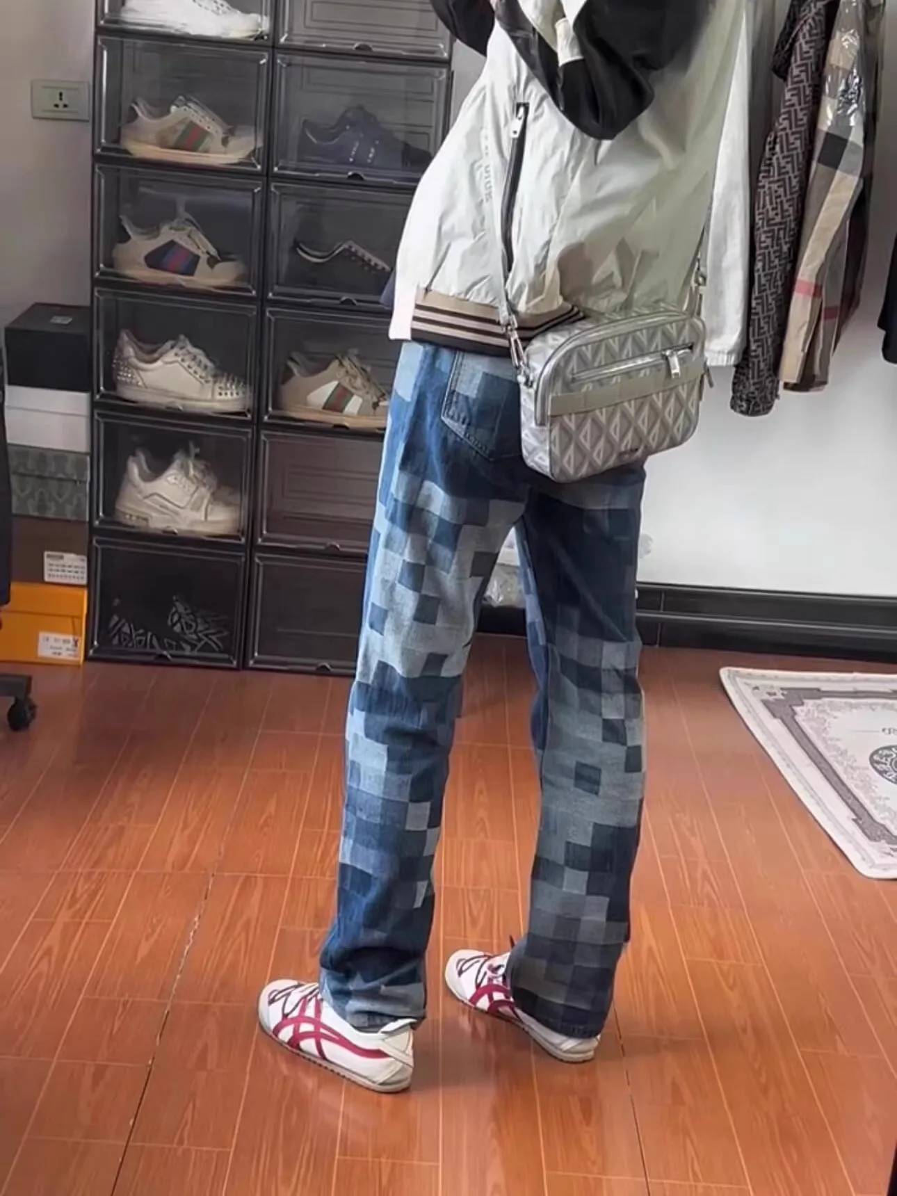 بنطلون جينز رجالي فضفاض مستقيم بنمط لوحة الشطرنج الأمريكي، موديل جديد للخريف بتصميم عتيق وفضفاض #5