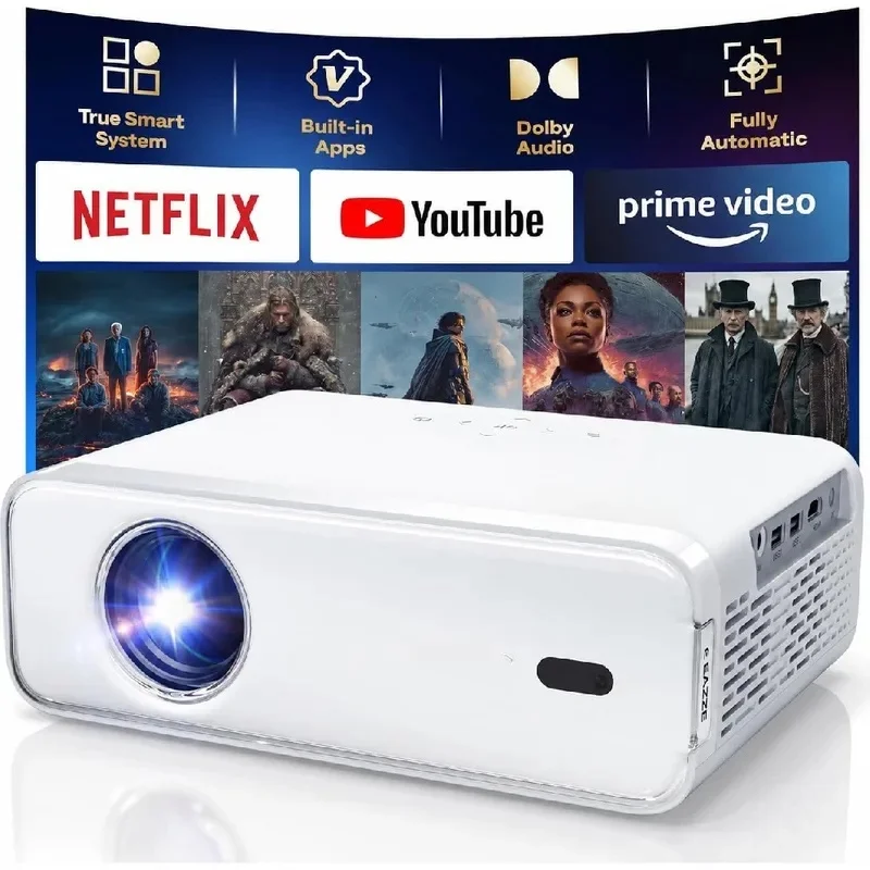 Smart Projector WiFi Bluetooth Built-in APP Auto Focus/Keystone 16W Speakers Native 1080P Portable Mini Outdoor Movie Projector