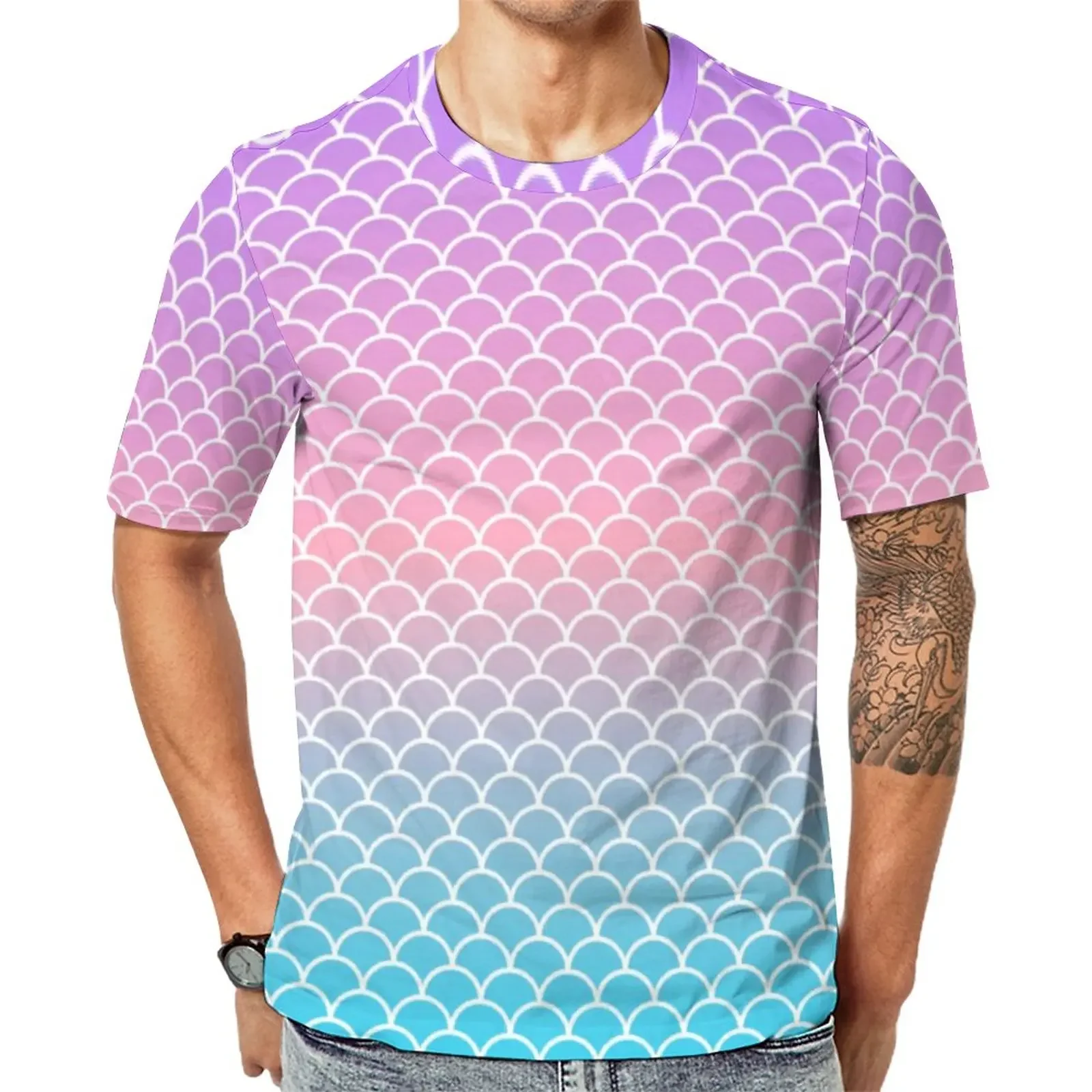 Ombre Sea Mermaid Scales T-Shirt Male Blue Purple Street Style T Shirts Summer Cool Tees Short-Sleeved Graphic Big Size Tops