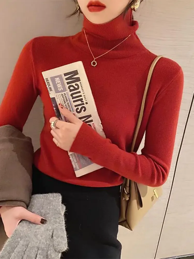 2025 Otoño Invierno básico ajustado suave color sólido suéter de cuello alto pulóver mujer Casual manga larga chic Jersey de punto inferior