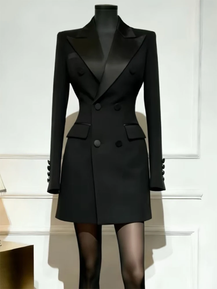 Elegant Black Double-Breasted Suit Jacket Women's Slim Fit Autumn Winter New Style High Quality Fashionable Top French Style