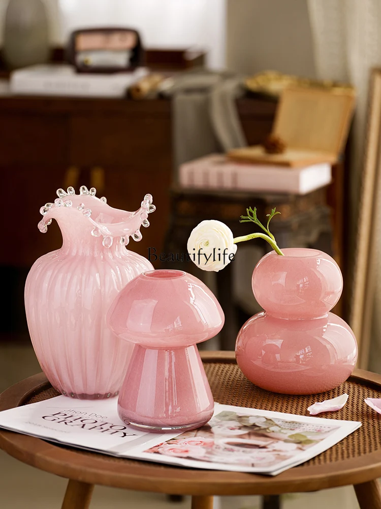 Middle-Ancient High-Grade Pink Gourd Vase Windshield Washer Fluid Vase Niche Art Living Room Decoration