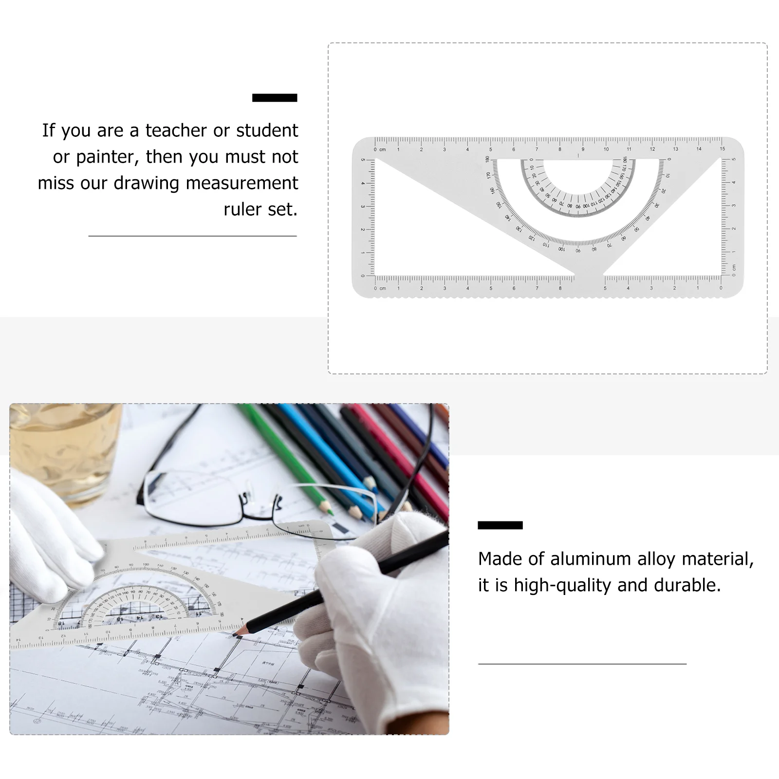 Aluminum Alloy Ruler Set Triangle Ruler Straightedge Protractor for Measurement School Stationery Geometry ruler Set
