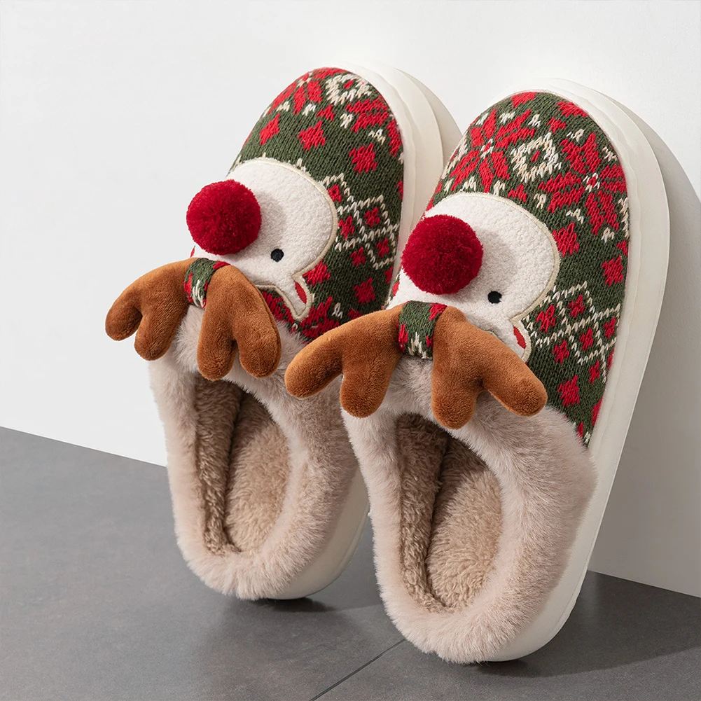 Christmas Elk Plush Slippers Warm Slip-on House Shoes Comfortable Furry Reindeer Slipper Cute Animal Slippers for Autumn Winter