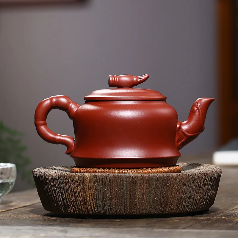 280ml Yixing Zisha Teapot Red Clay Lotus & Koi Fish Gilded Pattern Bamboo‑Shaped Hand‑Carved Purple Clay Teapot Chinese Kung Fu