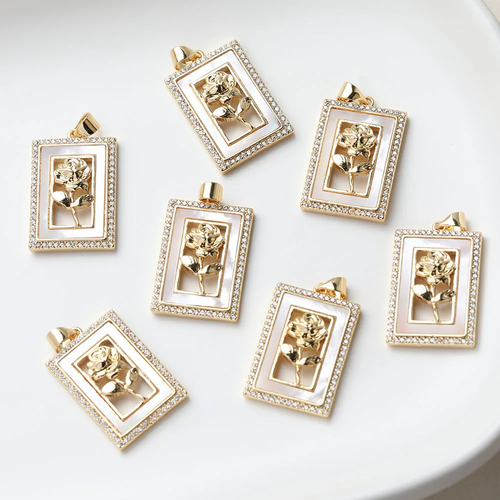 1PCS Dainty Rectangle Shell Roses Flower Charms for Jewelry Making Necklace Pendant DIY Hand Made Brass 14k Gold Plated 17*25mm
