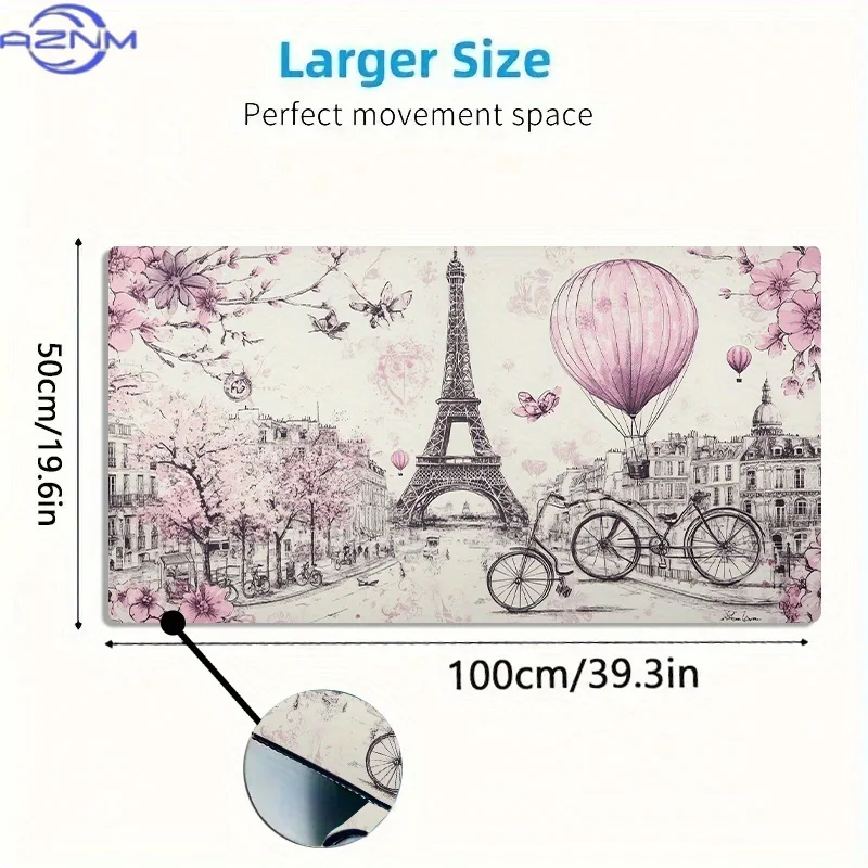 1 Large E-Sports Gaming Mouse Pad with Romantic  Flower Tower Street Scene Design, Non-Slip Washable Rubber Base, Oversized Desk