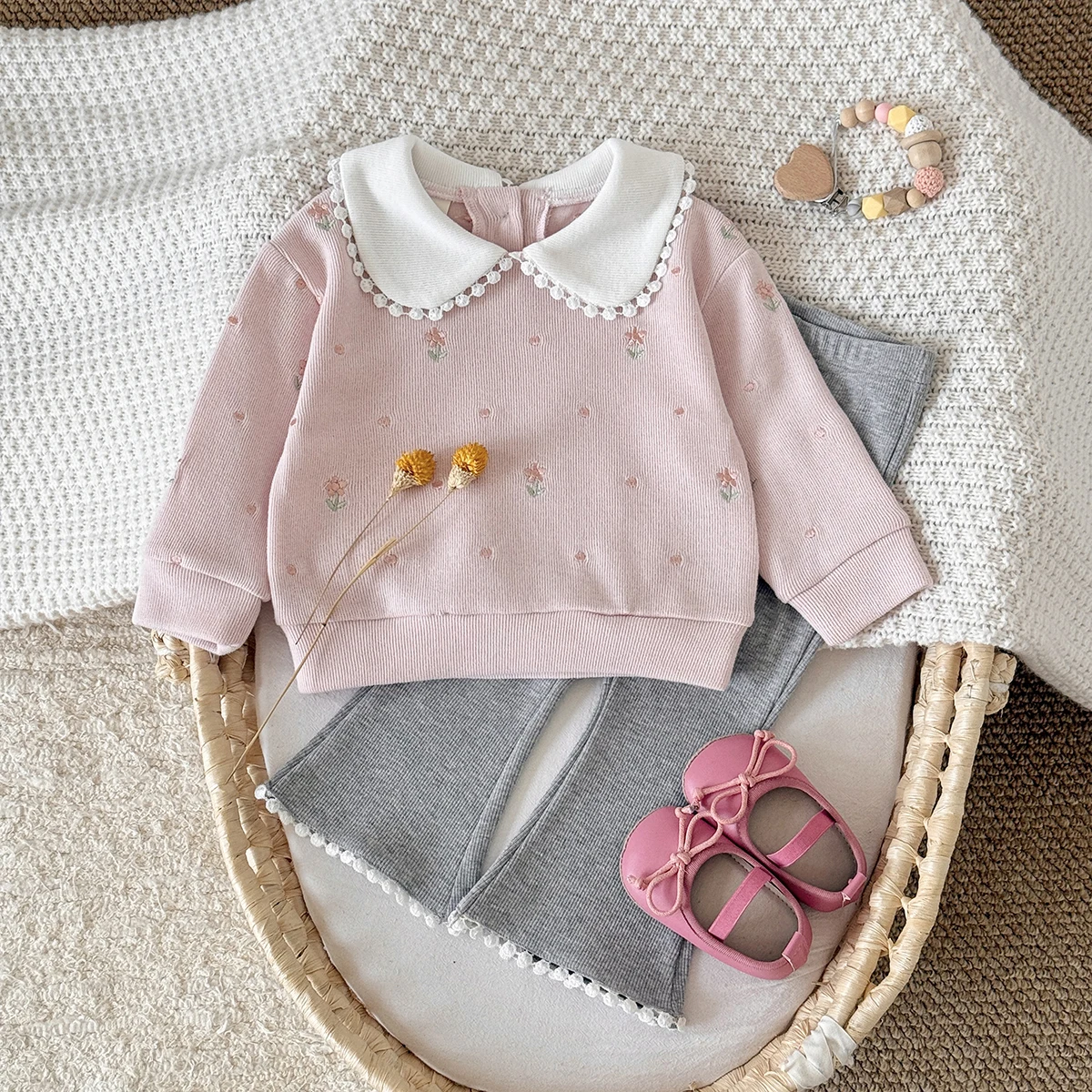 Baby Girl Floral Outfit Set Peter Pan Collar Long Sleeve Top + Flare Pants Toddler 2Pcs Cute