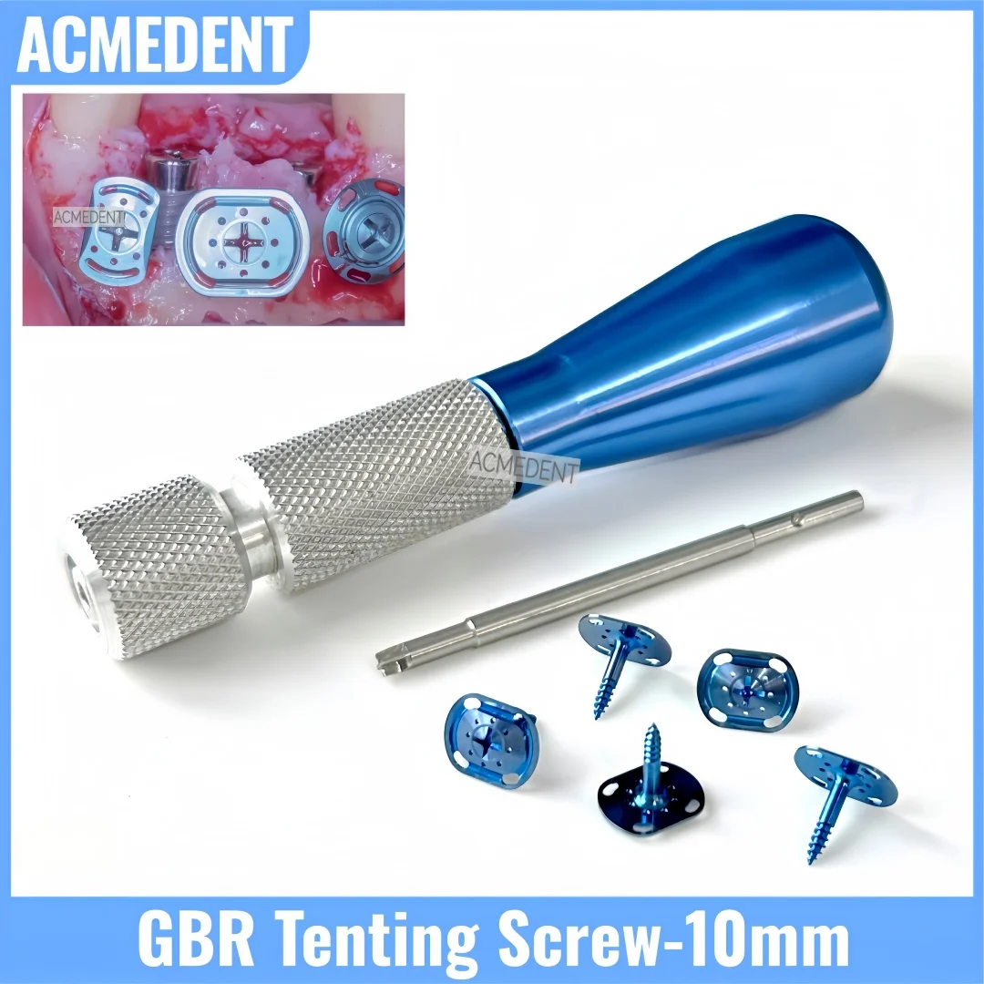 

New Dental GBR Blue Tenting Screw Wide Head Half Thread Tent Screw Universal Handle Driver Guide Bone Regeneration Membrane 10mm