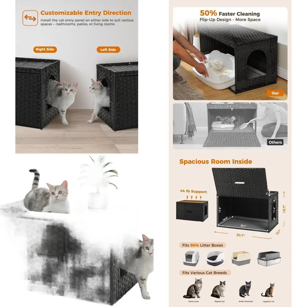 

Wicker Cat Litter Box Enclosure - Tall Doorway & Raised Mat for Large Cats, Indoor Odor Control, Black