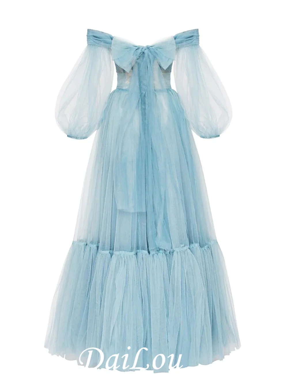 Robe de bal pour invités de mariage, ligne a, épaules dénudées, manches longues, longueur au sol, Tulle avec nœud (s) plissé (s)