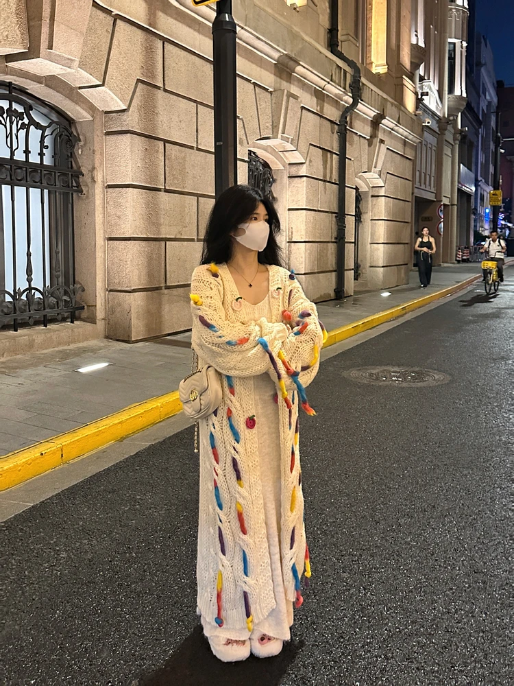 

Ladies' Autumn Winter Loose Knitted Sweater Coat Medium Length V-Ne Long Sve Faionable Comfortable Sle Korean Version