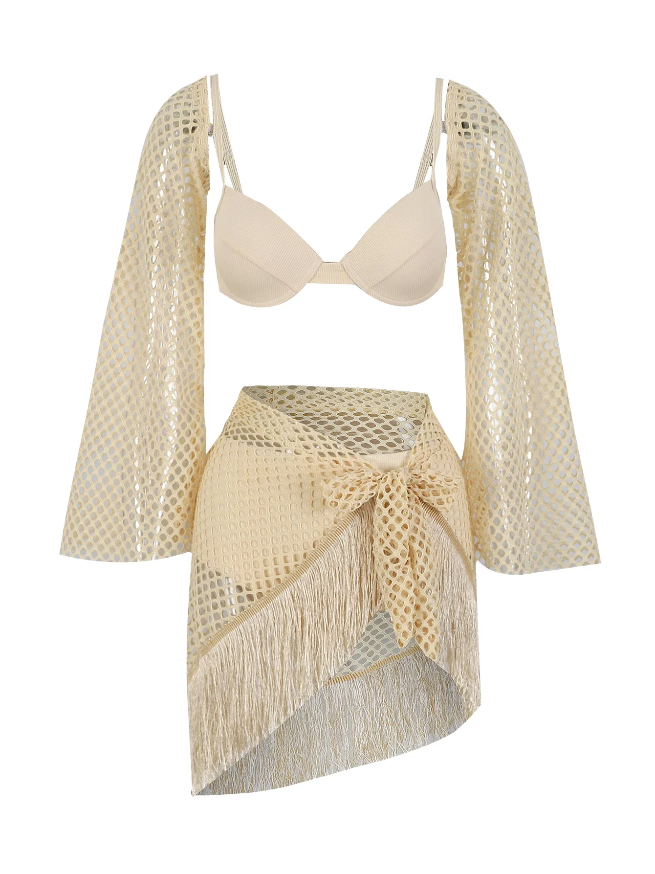 Seksowna spódnica z frędzlami dla kobiet z długim rękawem i frędzlami Mi Spódnica Garnitur 3-częściowy zestaw Kostium kąpielowy Wakacje na plaży Dorywczo Kobieta Lato