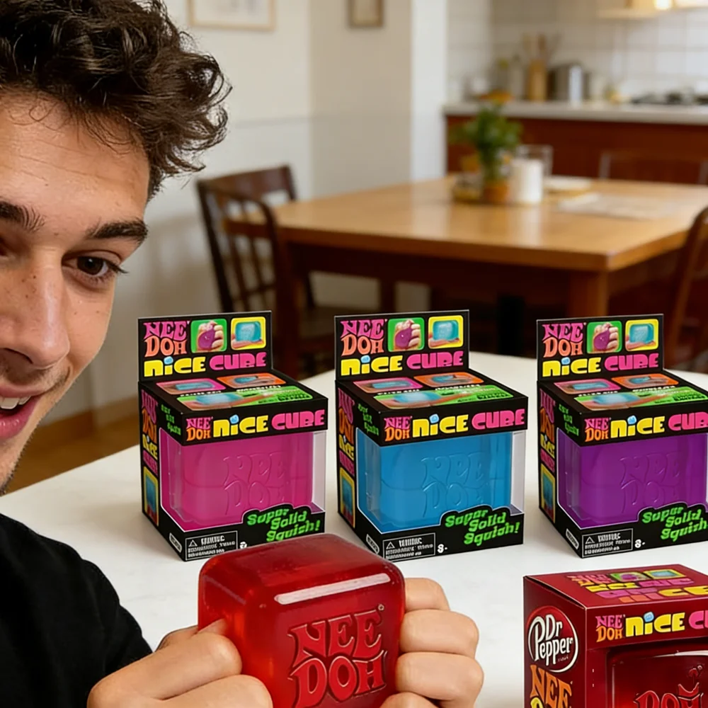 Needoh Nice Cube Super Squeeze Fidget Toy, Durchscheinender Roter Stressabbau-Würfel, BPA-freies Spielzeug für Kinder und Erwachsene