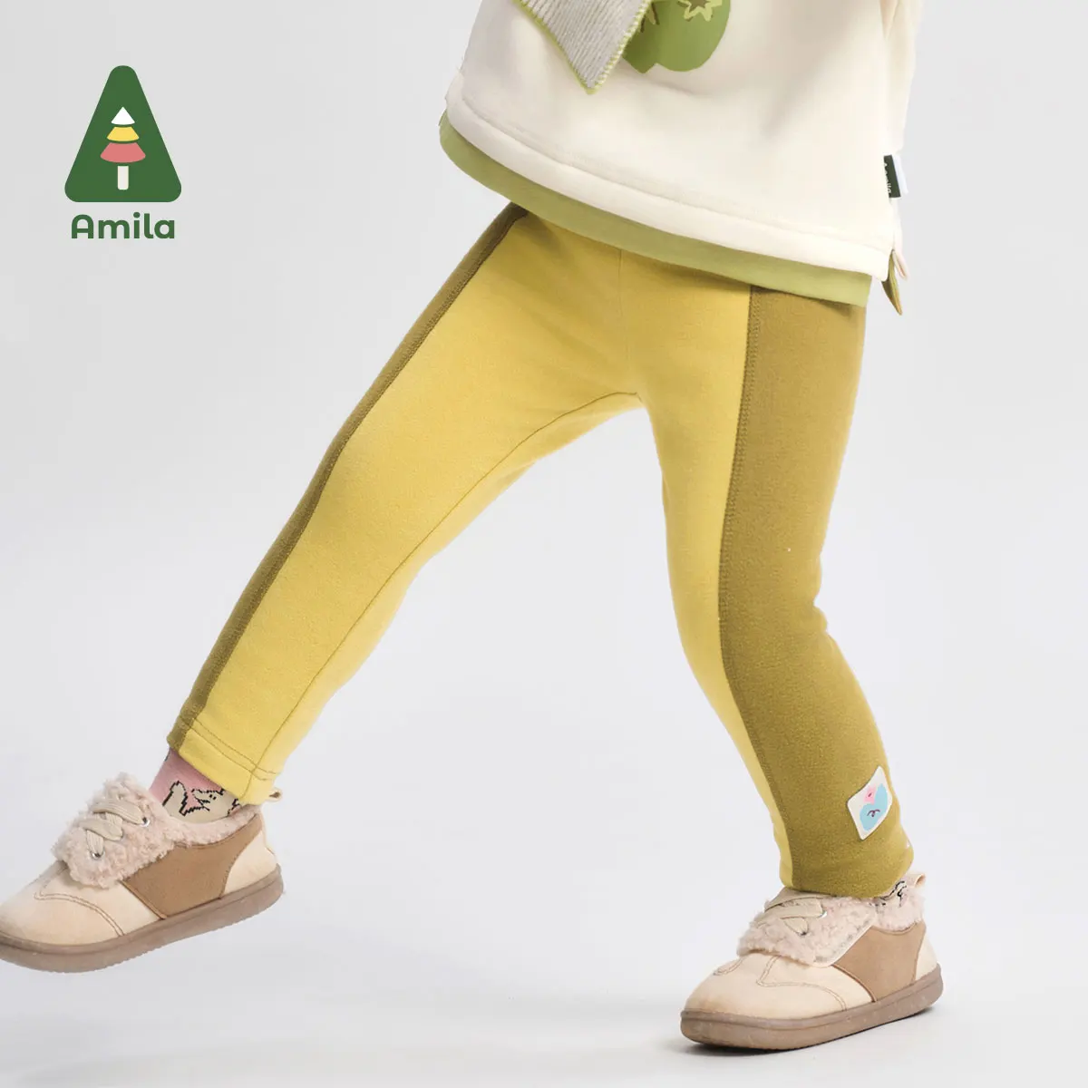 Amila Baby Leggings 2024 Winter New High Quality Girls Contrast Color High Collar Sports Warm Loose Casual Children’s Trousers