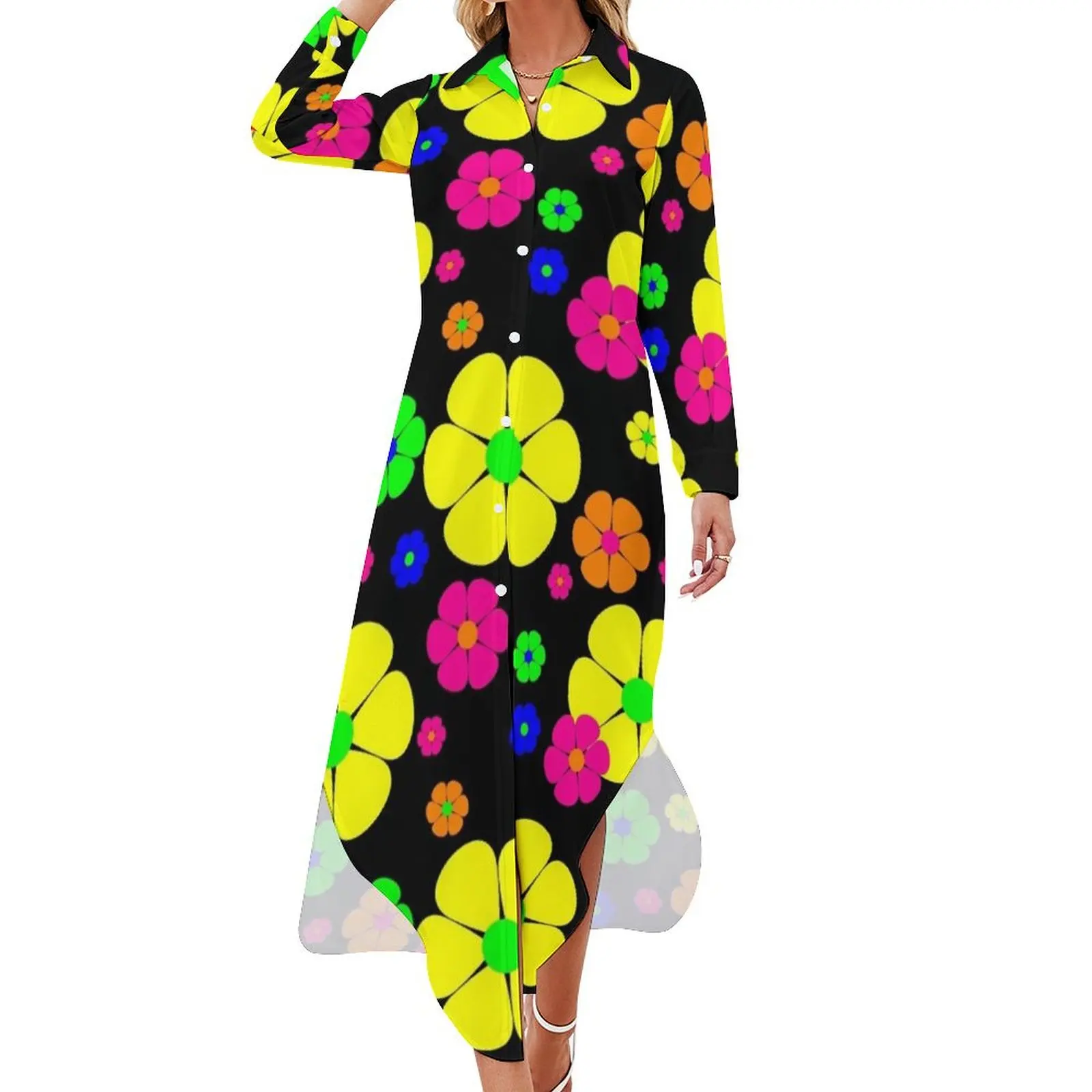 

vintage mod floral Long Sleeved Shirt Dress Clothing summer dress woman 2024