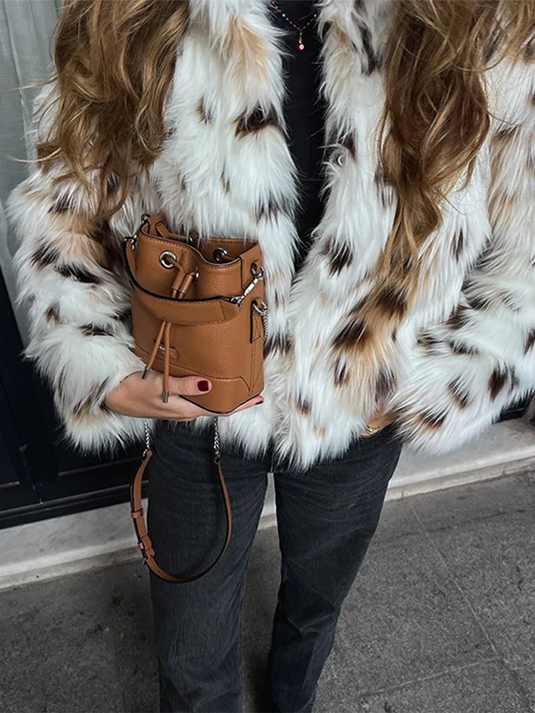 Women's Dot Leopard Faux Fur Coat Fashion Stand Collar Long Sleeve Open Stitch Plush Jacket 2024 New Lady Warm Office Outerwears