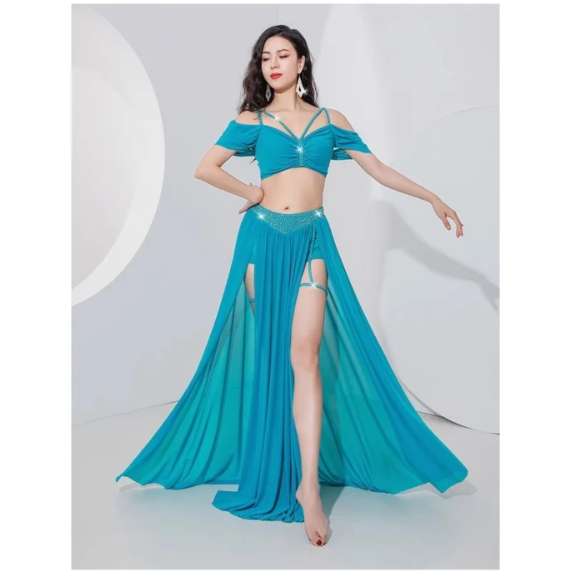 

Belly Dance Professional Suit for Women Mesh Short Sleeves Top+sexy Split Long Skirt 2pcs Girl's Oriental Belly Dancing Suit