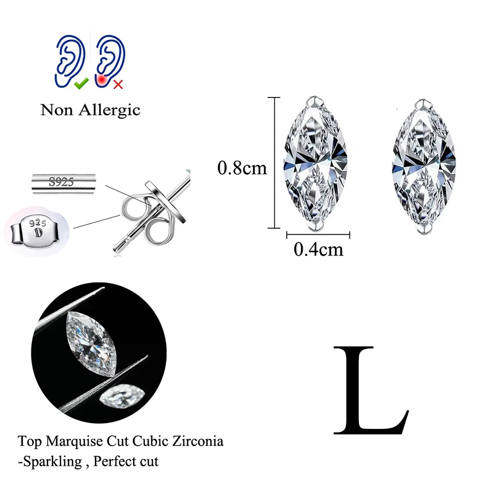 Women's 925 Sterling Silver Marquise Cut Cubic Zircon Stud Earrings