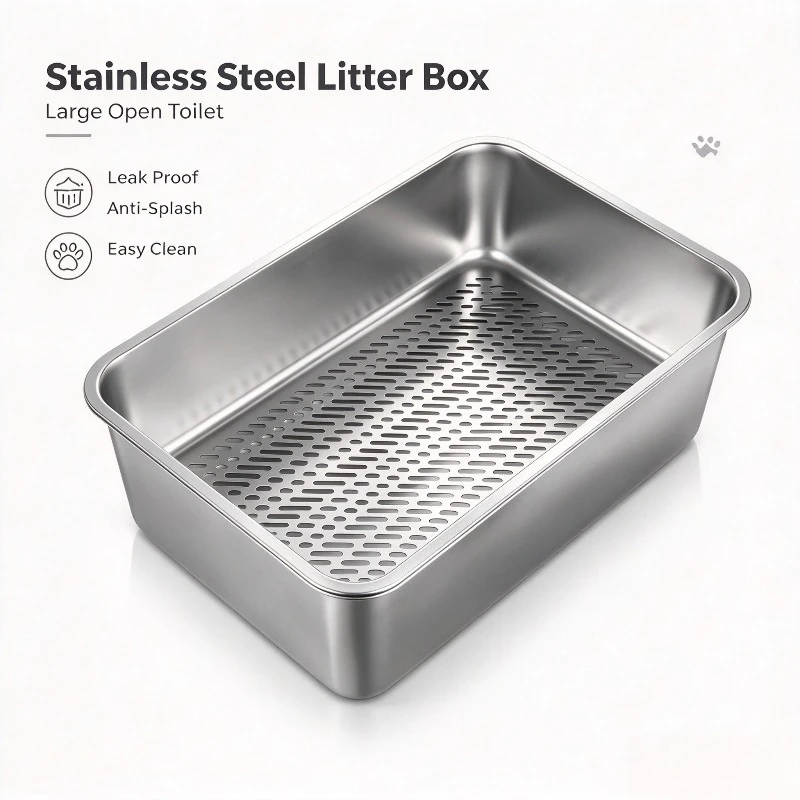 Stainless Steel Sifting Cat Litter Box, Extra Large Open Type Litter Pan, Splash Proof Pet Cat Toilet