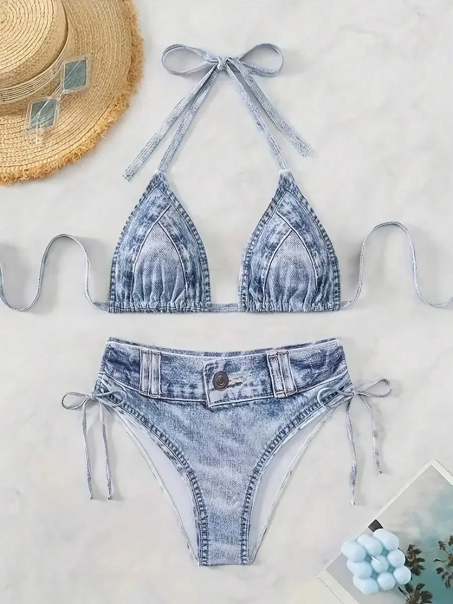

Light Wash Denim Print Halter Triangle Side Tie Bikini Set