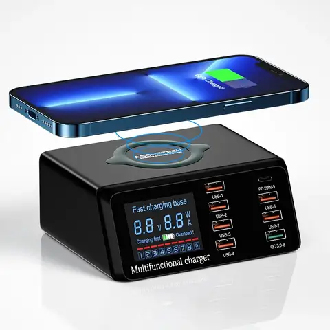 100W 8 Ports USB Charger Station With Wireless Charging Digital Display Screen QC3.0 PD3.0 Quick Charge For iPhone 14 13 Xiaomi