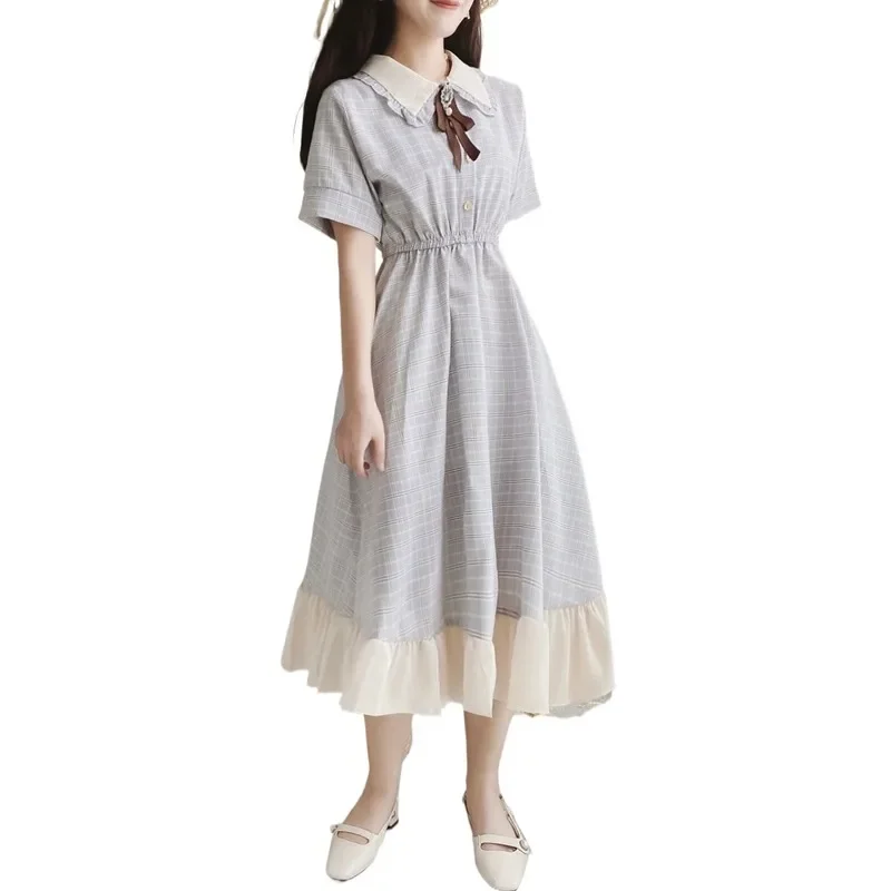 2024 New Fashion College Style Doll Neck Bow Grid Splicing Dress Japanese Korean Lolita Waist Collection Girls Chiffon Dresses