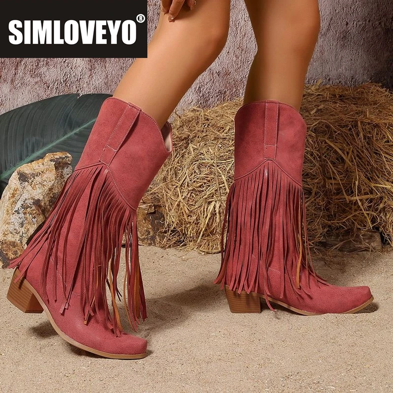 

SIMLOVEYO Винтажные женские ботинки в стиле вестерн с кисточками и квадратным носком на блочном каблуке 5,5 см без шнуровки, большие размеры 46 47 48 US17 Ботильоны до середины икры
