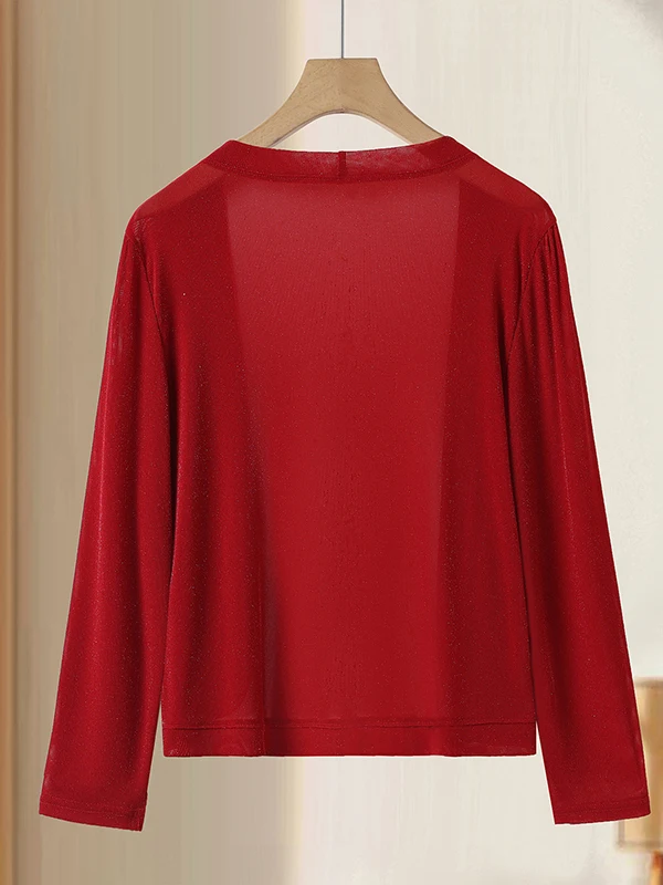 Summer New Long Sleeve Open Cardigan Shiny Thread Sun Protection Large Size Mom's Wear Outerwear Lightweight Polyester Fiber