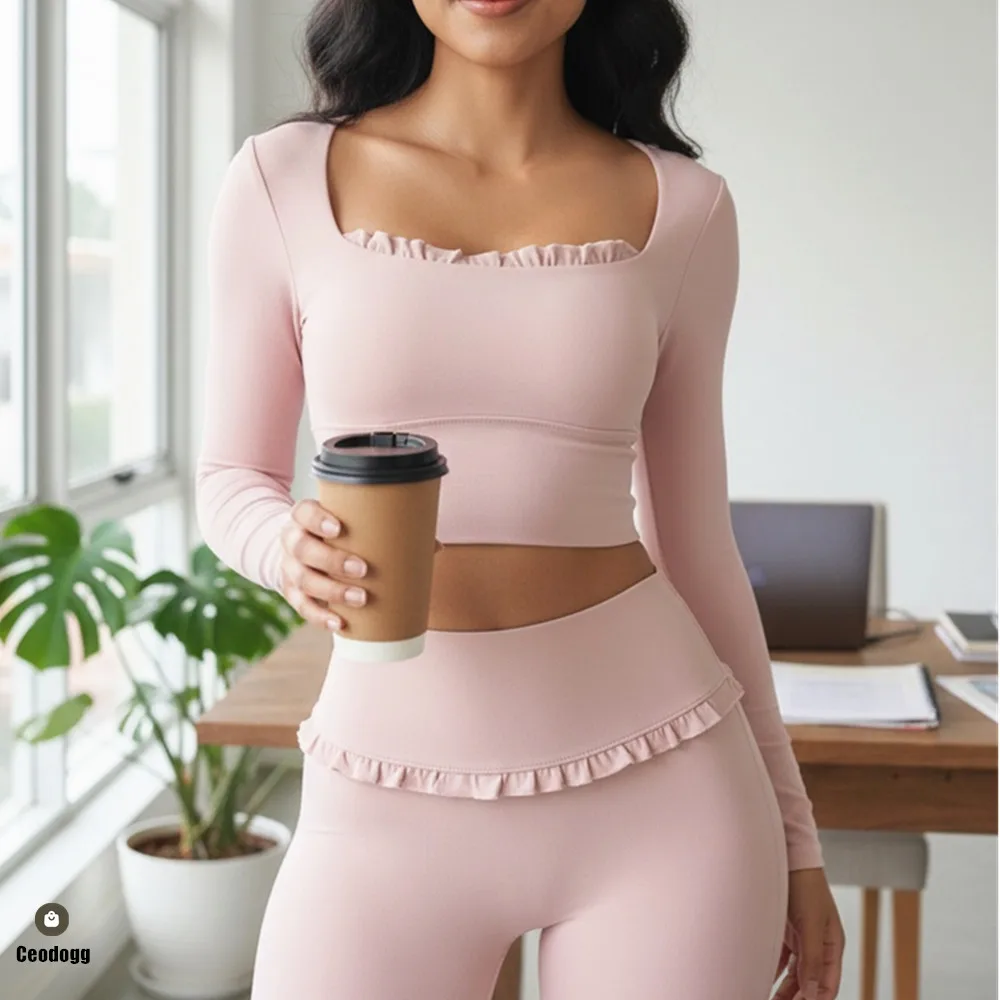 

Fitness Sports Long Sleeve Top Running Square Neck Lace Tight Outwear with Chest Pad Long Sleeve Sports Yoga Clothes XP07