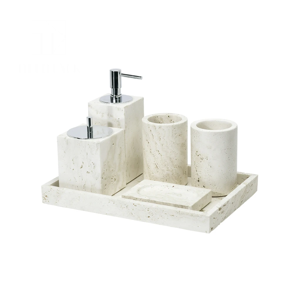 Travertine Bathroom Accessories Set Natural Marble Soap Dispenser Cotton Swabs Container Soap Dish Tray Kit Bathroom