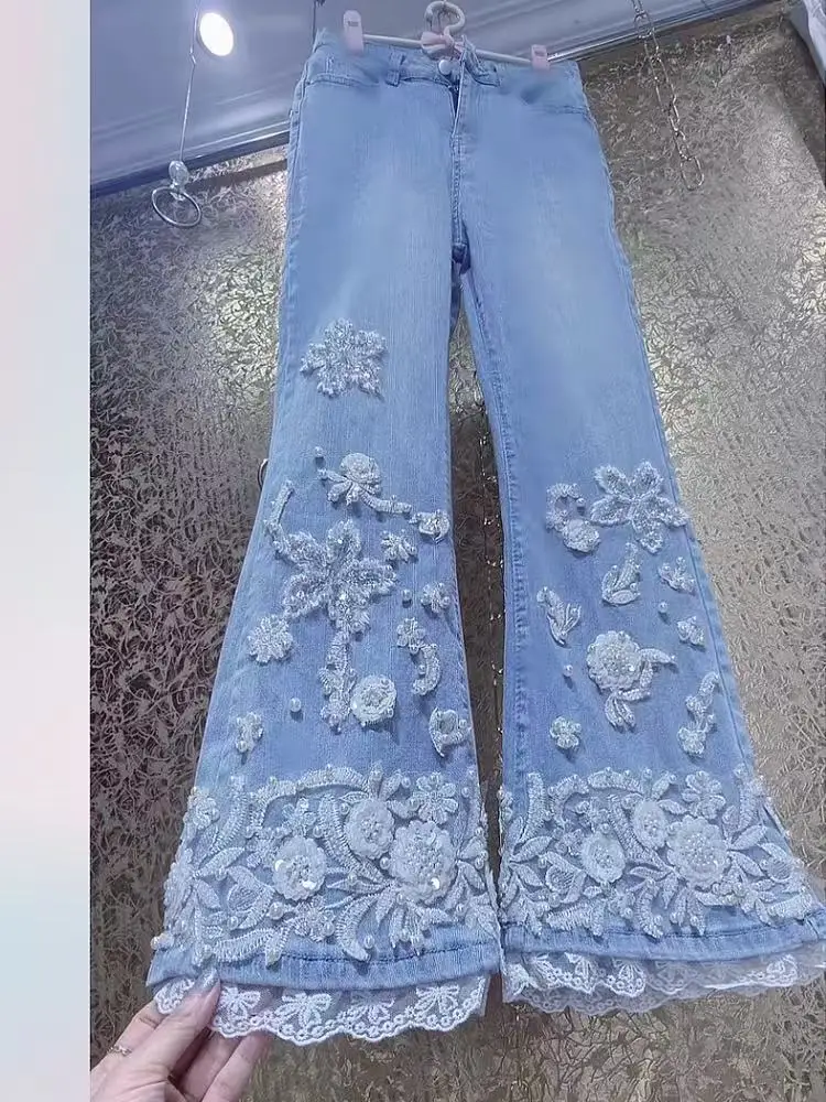 تصميم فاخر مطرز مشاعل الدنيم بانت طويل للنساء السراويل pantalones de mujer ملابس امرأة السيدات السراويل