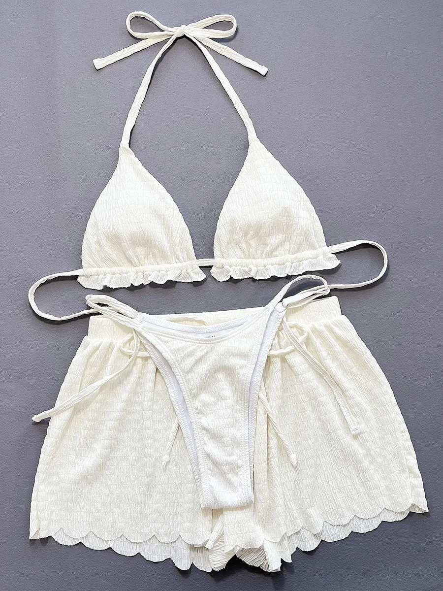 Ruffled Firlled Halter Bikini Women Swimwear Female Swimsuit Three-pieces Bikini Set with Shorts Bathing Suit Swim Beachwear